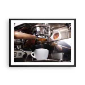 Póster en marco negro - Primer plano de una máquina de café preparando una dosis fresca de espresso - 70x50cm - El mejor momento del día - Decoración de pared moderna para salón y dormitorio ARTTOR