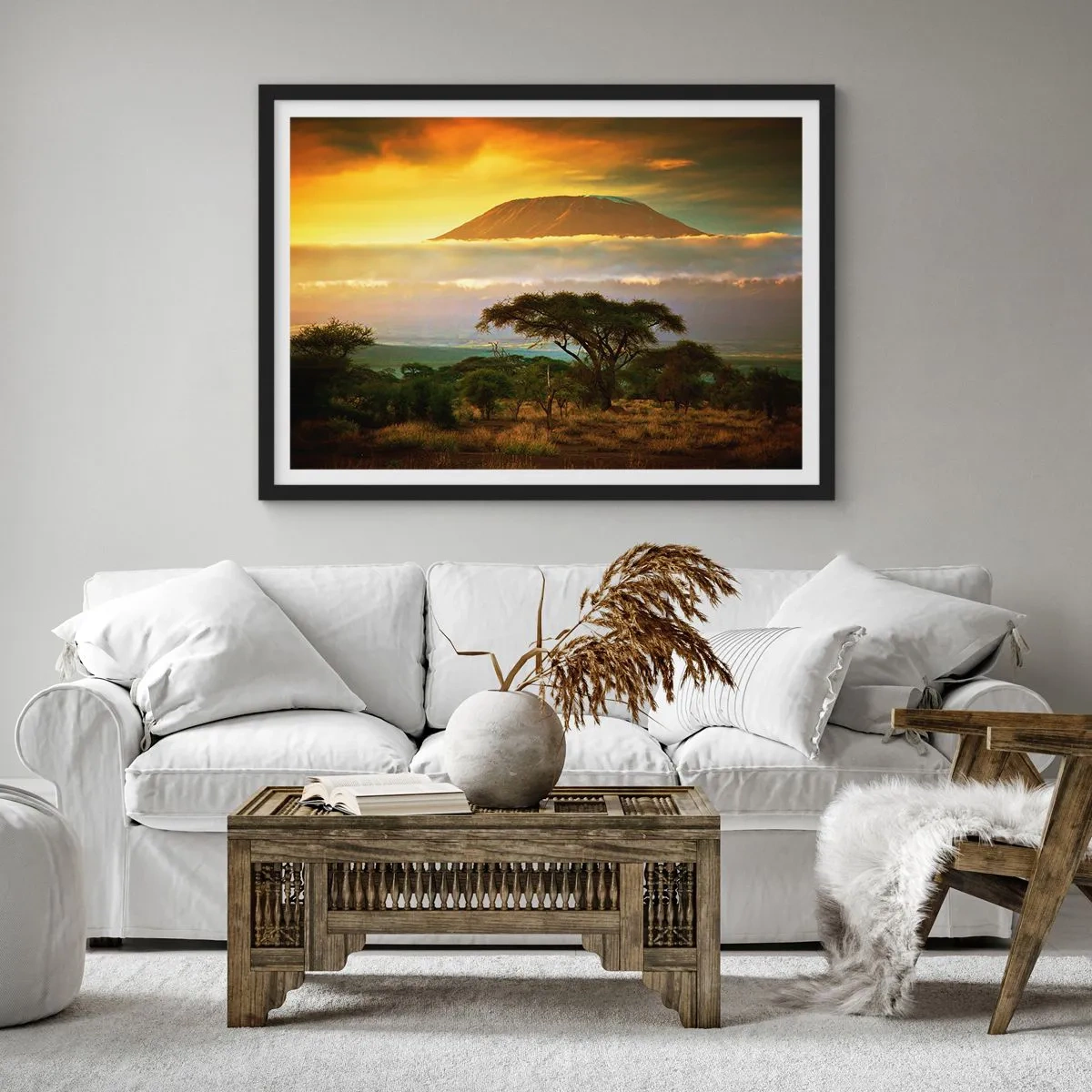 Póster en marco negro - Paisaje africano con el Kilimanjaro al amanecer - 70x50cm - El sueño del viajero - Decoración de pared moderna para salón y dormitorio ARTTOR