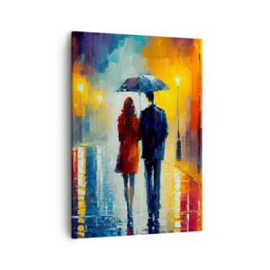 Cuadro sobre lienzo - Impresión de Imagen - Una pareja bajo un paraguas caminando por una colorida ciudad nocturna. - 50x70cm - Juntos en una noche llena de color - Decoración de pared moderna para salón y dormitorio ARTTOR