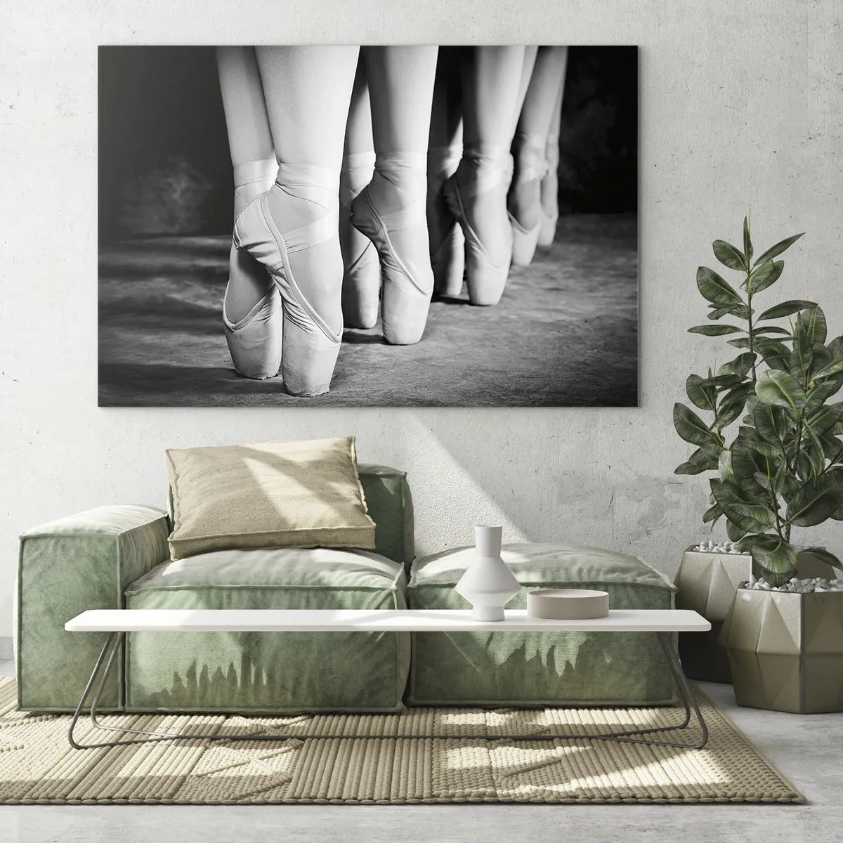 Cuadro sobre vidrio - Impresiones sobre Vidrio - Bailarinas en puntas en un escenario en blanco y negro - 70x50cm - En conjunto y al unísono - Decoración de pared moderna para salón y dormitorio ARTTOR