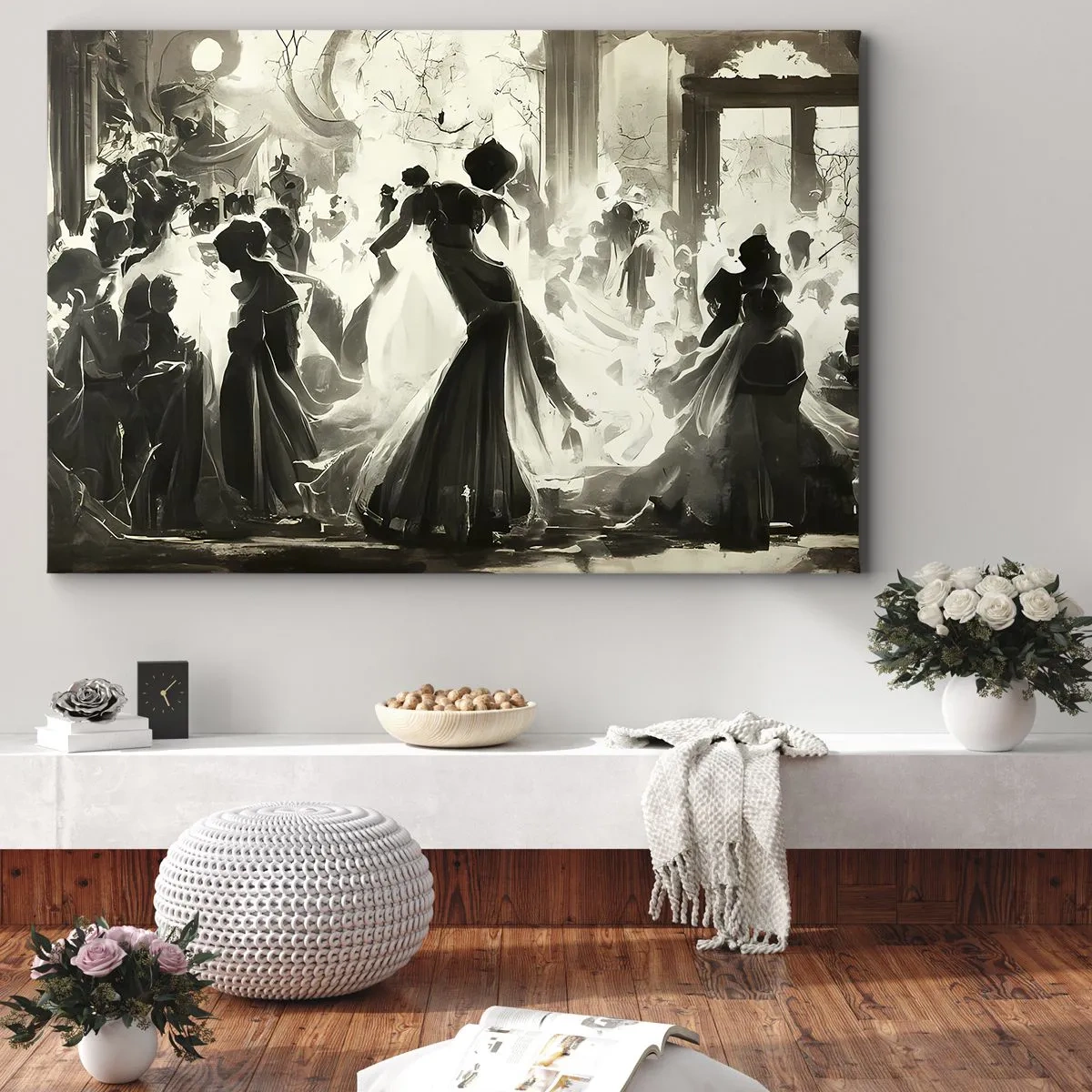 Cuadro sobre lienzo - Impresión de Imagen - Balón de estilo retro en blanco y negro. - 70x50cm - Gran mascarada - Decoración de pared moderna para salón y dormitorio ARTTOR