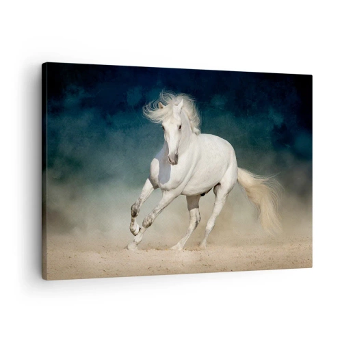 Cuadro sobre lienzo - Impresión de Imagen - Un caballo blanco galopando contra un cielo borroso - 70x50cm - Libertad en estado puro - Decoración de pared moderna para salón y dormitorio ARTTOR