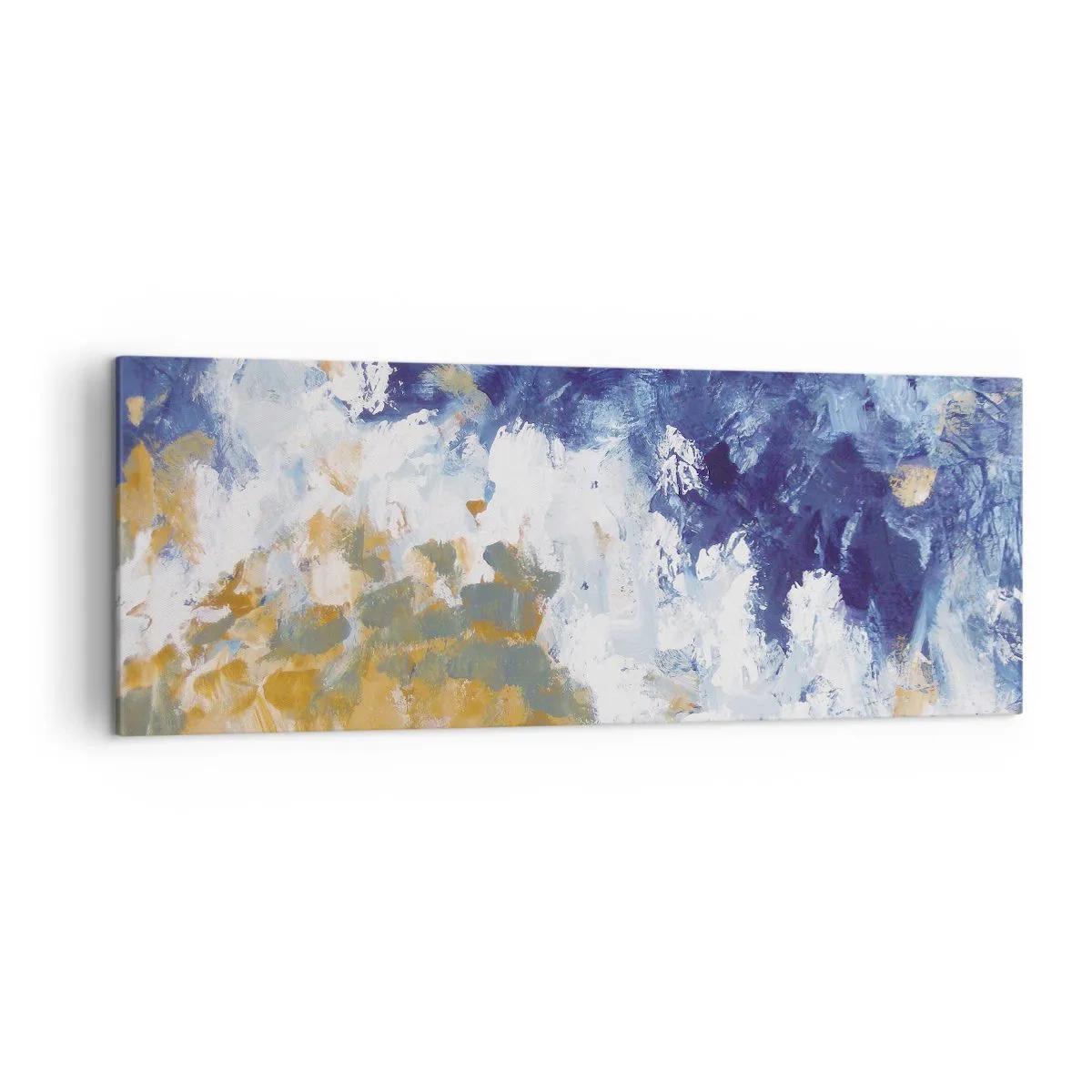 Cuadro sobre lienzo - Impresión de Imagen - Abstracción en tonos azules, blancos y dorados. - 140x50cm - Danza de los elementos - Decoración de pared moderna para salón y dormitorio ARTTOR
