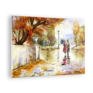 Cuadro sobre vidrio - Impresiones sobre Vidrio - Un paseo otoñal de una pareja por un parque con hojas de colores. - 70x50cm - Un otoño romántico en el parque - Decoración de pared moderna para salón y dormitorio ARTTOR