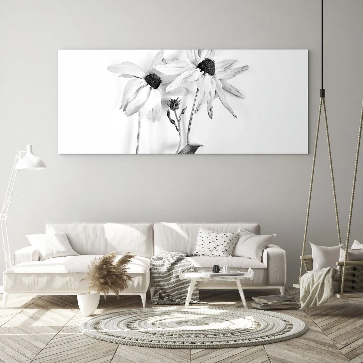 Cuadro sobre vidrio - Impresiones sobre Vidrio - Flores en blanco y negro con una composición sutil. - 140x50cm - Nadie quiere estar solo - Decoración de pared moderna para salón y dormitorio ARTTOR