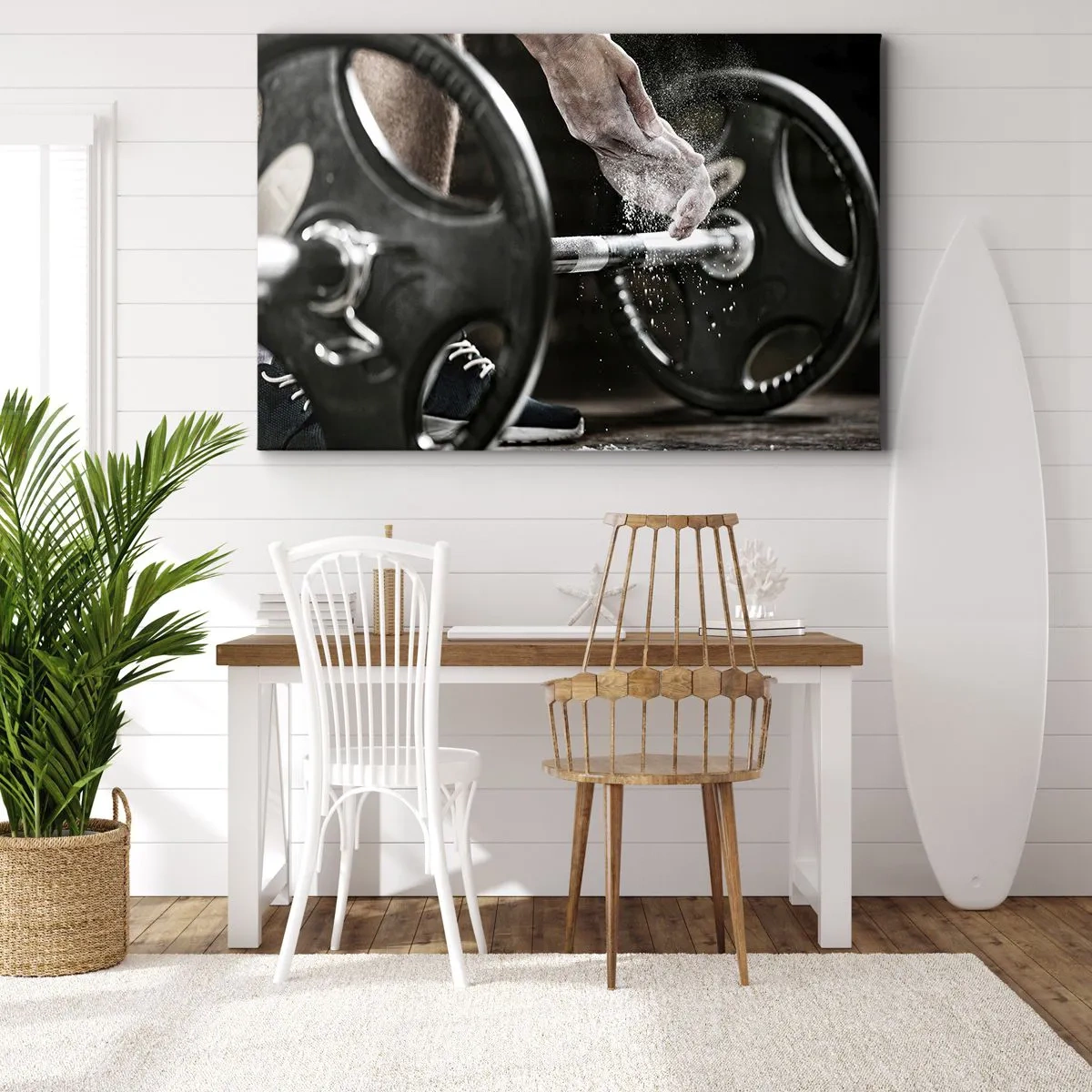 Cuadro sobre lienzo - Impresión de Imagen - Mancuernas y manos de un atleta preparándose para el entrenamiento. - 70x50cm - ¡Reto aceptado! - Decoración de pared moderna para salón y dormitorio ARTTOR
