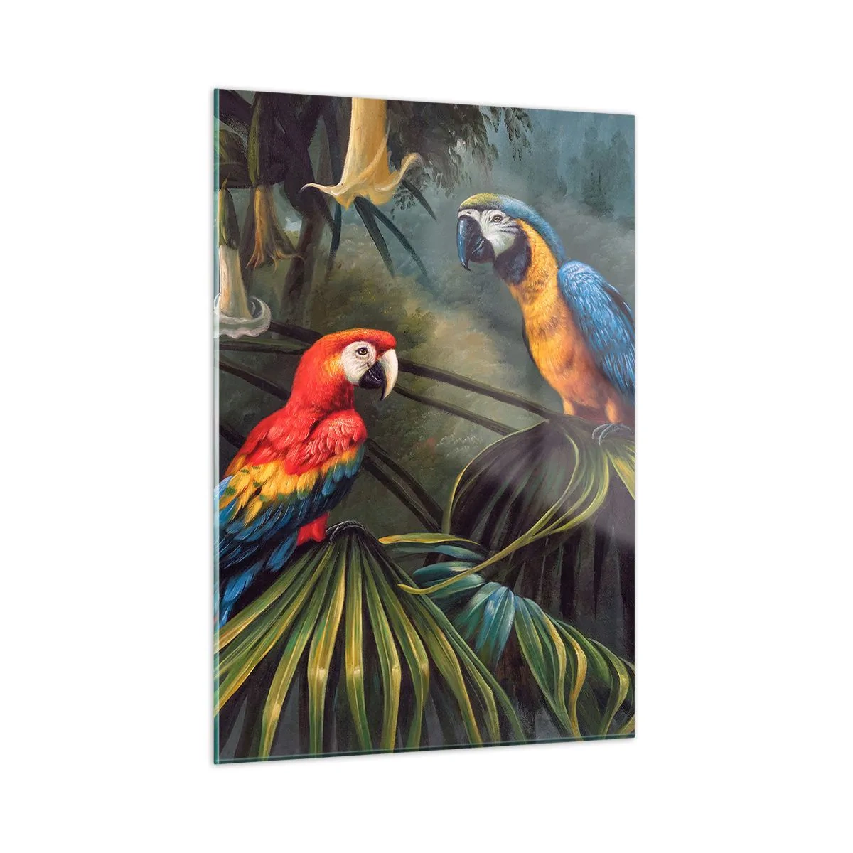 Cuadro sobre vidrio - Impresiones sobre Vidrio - Dos loros coloridos sobre el fondo de una jungla tropical. - 50x70cm - Romanticismo en los trópicos - Decoración de pared moderna para salón y dormitorio ARTTOR