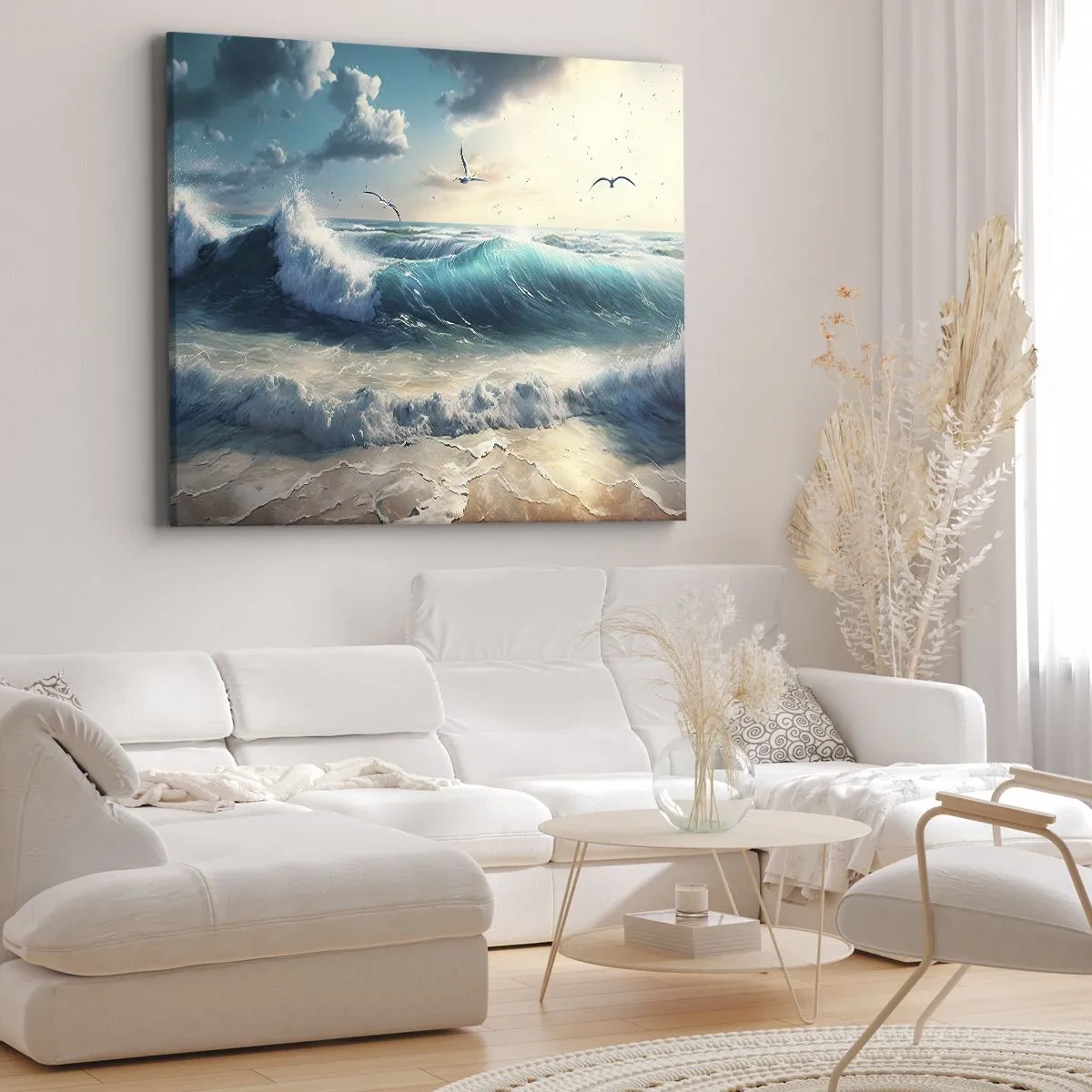 Cuadro sobre lienzo - Impresión de Imagen - Olas del mar en la playa bajo un cielo azul con gaviotas - 100x70cm - La brisa solo para ti - Decoración de pared moderna para salón y dormitorio ARTTOR