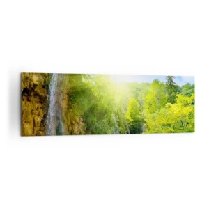 Cuadro sobre lienzo - Impresión de Imagen - Una cascada que desemboca en un lago turquesa rodeado de vegetación. - 160x50cm - Debe ser el Edén - Decoración de pared moderna para salón y dormitorio ARTTOR