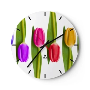 Reloj de pared - Reloj de vidrio - Tulipanes coloridos sobre un fondo blanco - 30x30cm - Composición del arco iris - Decoración de pared moderna para salón, cocina y dormitorio ARTTOR