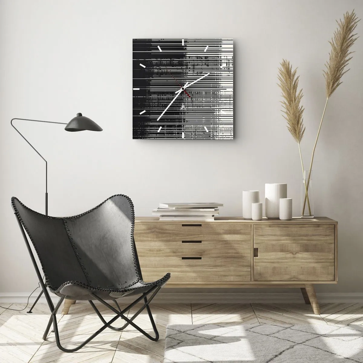 Reloj de pared - Reloj de vidrio - Composición abstracta de líneas en blanco y negro contrastantes. - 30x30cm - Ondas y vibraciones - Decoración de pared moderna para salón y dormitorio ARTTOR