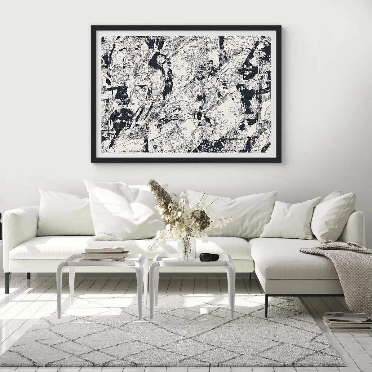 Póster en marco negro - Composición abstracta en blanco y negro con un diseño dinámico. - 70x50cm - La interpenetración de los opuestos - Decoración de pared moderna para salón y dormitorio ARTTOR