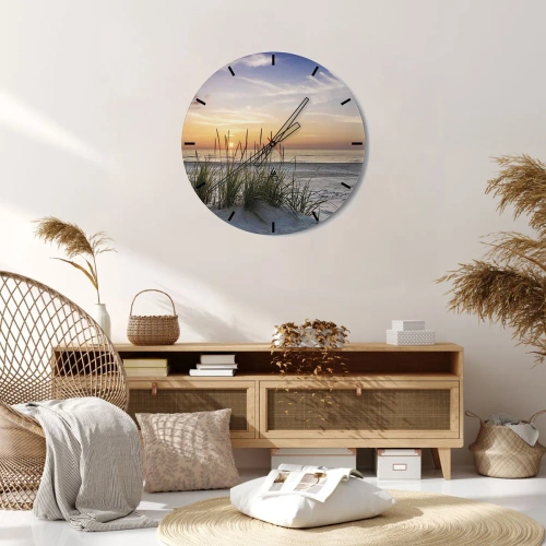 Reloj de pared - Reloj de vidrio - Hermoso paisaje de playa al atardecer con pastos al fondo - 30x30cm - Mira, piensa, siente - Decoración de pared moderna para salón, cocina y dormitorio ARTTOR