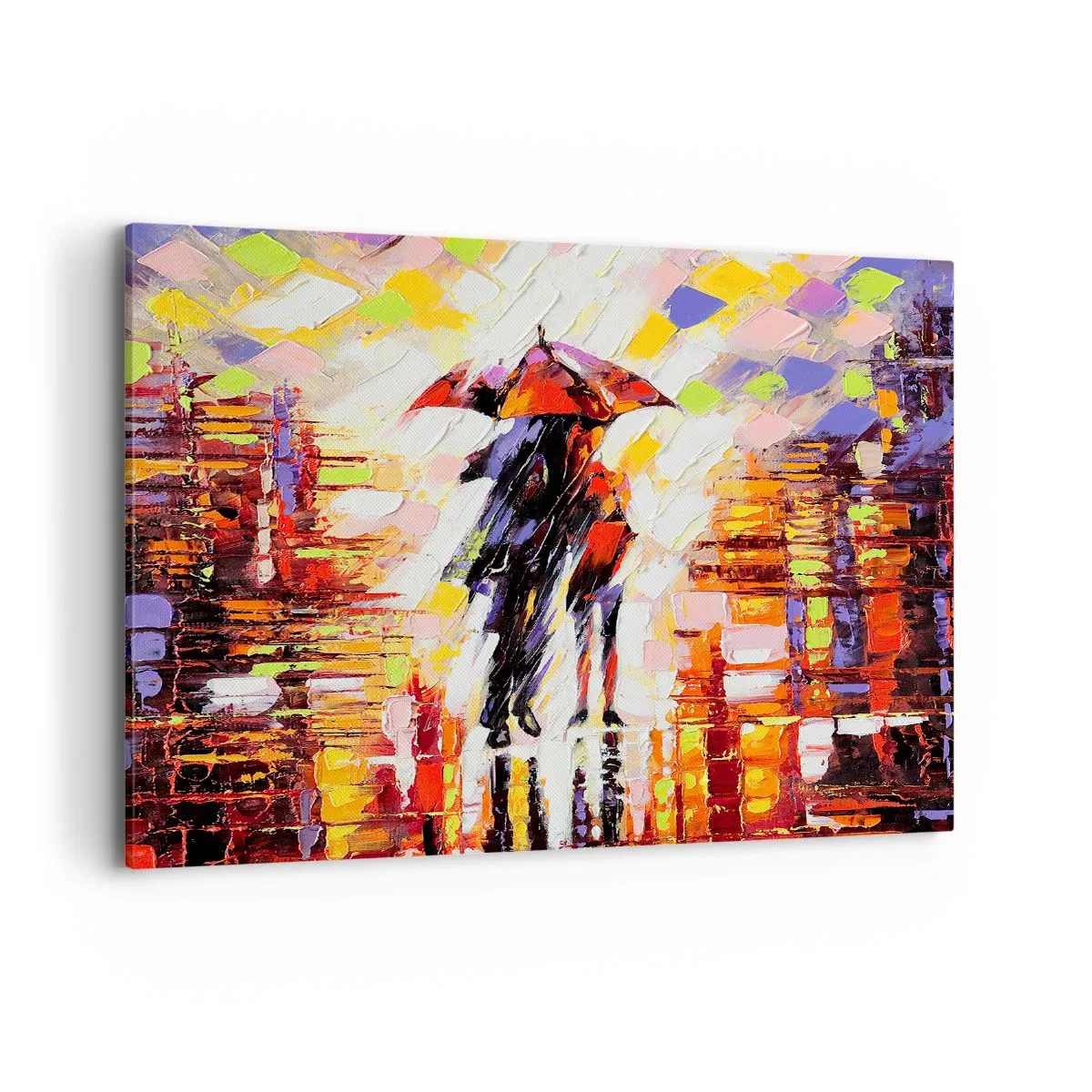 Cuadro sobre lienzo - Impresión de Imagen - Una escena abstracta de un paseo bajo un paraguas en una noche lluviosa. - 100x70cm - Juntos a través de la noche y la lluvia - Decoración de pared moderna para salón y dormitorio ARTTOR