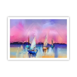 Póster - Veleros en un mar tranquilo en los colores pastel del atardecer. - 100x70cm - Dirección alta mar - Decoración de pared moderna para salón y dormitorio ARTTOR