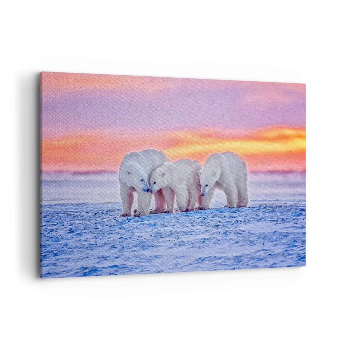Cuadro sobre lienzo - Impresión de Imagen - Tres osos polares con el telón de fondo de una puesta de sol ártica. - 100x70cm - Todo lo que necesitas es el calor de la familia - Decoración de pared moderna para salón y dormitorio ARTTOR