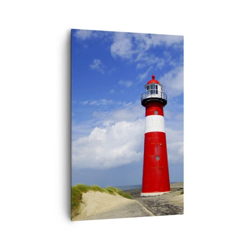 Cuadro sobre lienzo - Impresión de Imagen - Faro rojo en la playa bajo un cielo azul - 80x120cm - Una soledad de ensueño - Decoración de pared moderna para salón y dormitorio ARTTOR