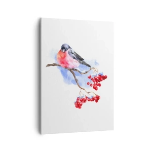 Cuadro sobre lienzo - Impresión de Imagen - Pájaro en una rama con frutos rojos en el fondo de acuarela - 50x70cm - Invierno en color - Decoración de pared moderna para salón y dormitorio ARTTOR