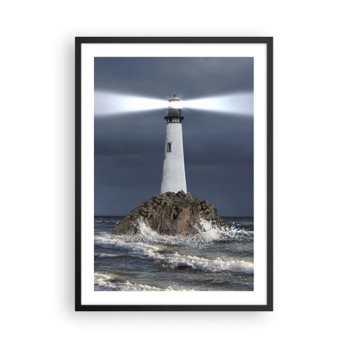 Póster en marco negro - Un faro en una roca en medio de las fuertes olas. - 50x70cm - ¡Aquí... aquí... aquí! - Decoración de pared moderna para salón y dormitorio ARTTOR