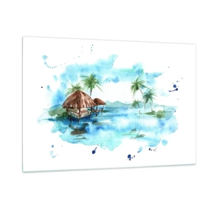Cuadro sobre vidrio - Impresiones sobre Vidrio - Paisaje tropical con palmeras y una cabaña en estilo acuarela. - 120x80cm - En algún lugar del Pacífico - Decoración de pared moderna para salón y dormitorio ARTTOR