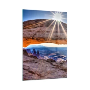 Cuadro sobre vidrio - Impresiones sobre Vidrio - Arco de roca con rayos de sol contra el fondo del paisaje. - 50x70cm - A través de la puerta de la roca - Decoración de pared moderna para salón y dormitorio ARTTOR