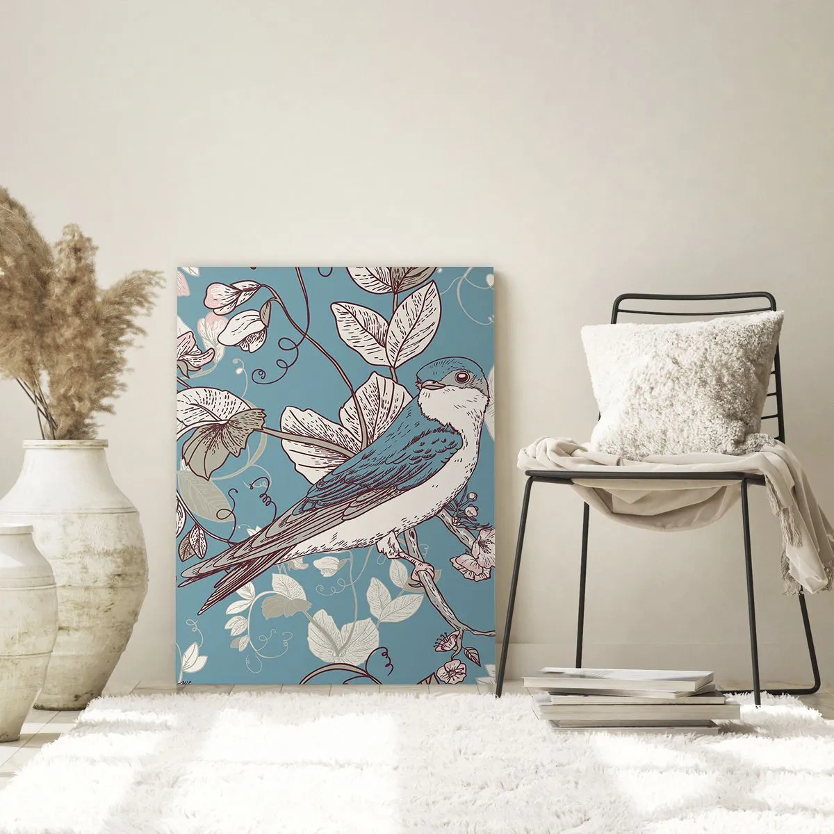 Cuadro sobre vidrio - Impresiones sobre Vidrio - Un pájaro en una rama entre flores sobre un fondo turquesa. - 50x70cm - En el cerezo - Decoración de pared moderna para salón y dormitorio ARTTOR