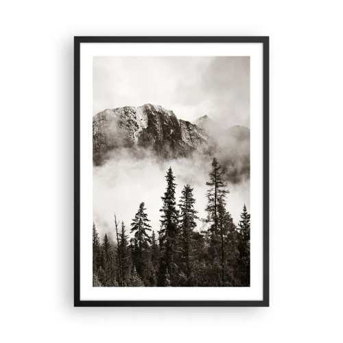 Póster en marco negro - Paisaje de montaña con árboles y niebla. - 50x70cm - Gobernante de granito - Decoración de pared moderna para salón y dormitorio ARTTOR