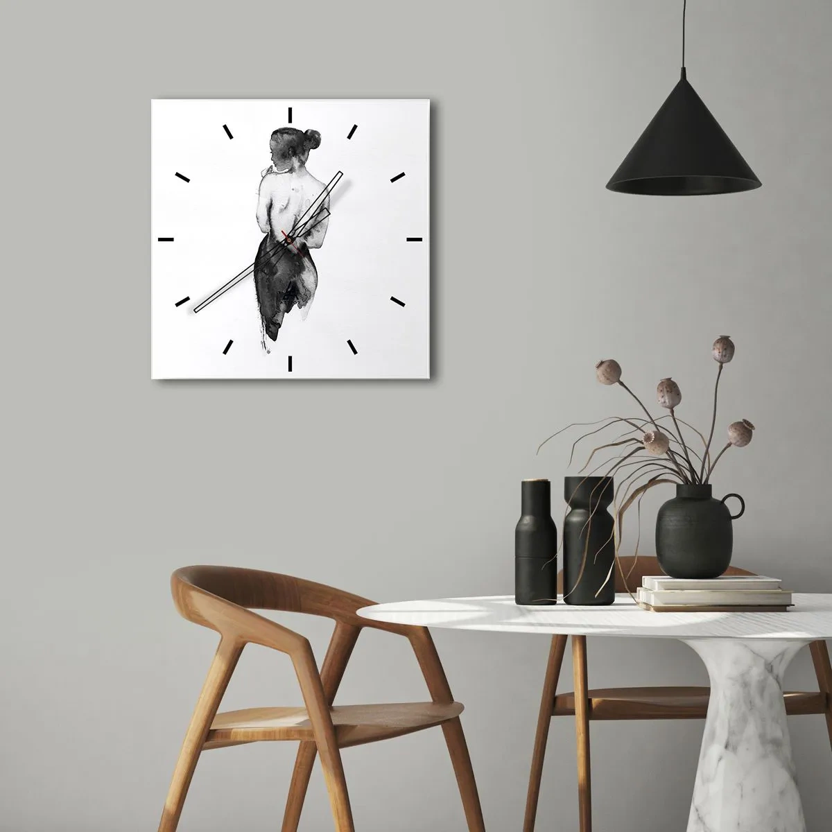 Reloj de pared - Reloj de vidrio - La figura de una mujer capturada en sutil acuarela. - 30x30cm - Sin ella el mundo deja de tener sentido - Decoración de pared moderna para salón y dormitorio ARTTOR