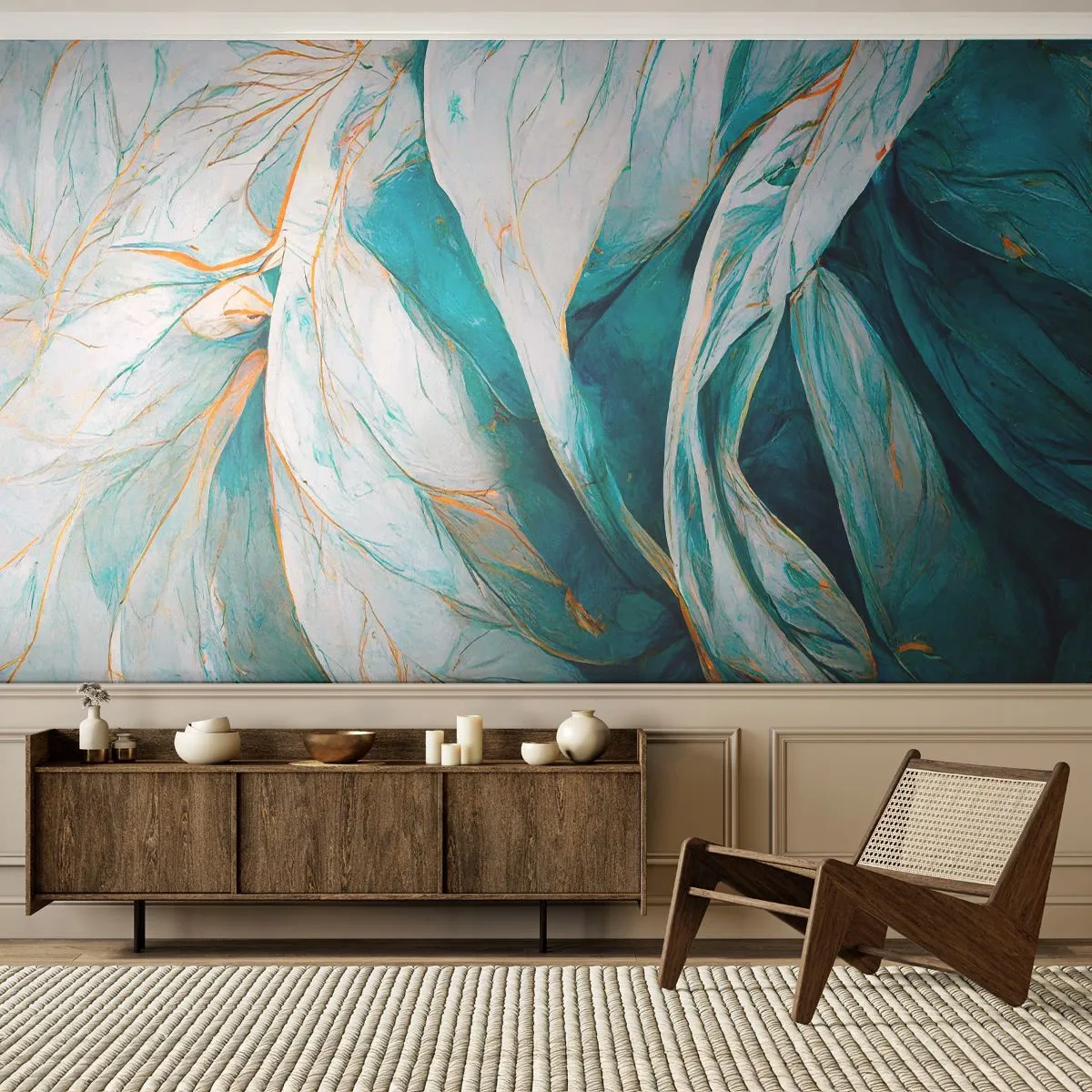 Fotomural Autadhesivo Deluxe Sticker - Abstracción azul con motivos dorados - Pedazo, Arte deco, Sutil - 500x350 cm