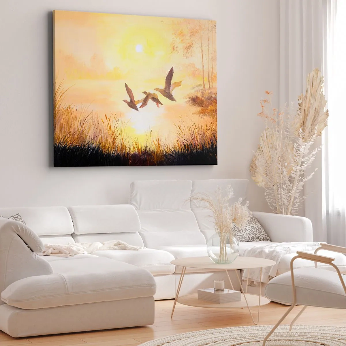 Cuadro sobre lienzo - Impresión de Imagen - Patos volando al amanecer sobre el lago - 120x80cm - El comienzo de un largo viaje - Decoración de pared moderna para salón y dormitorio ARTTOR
