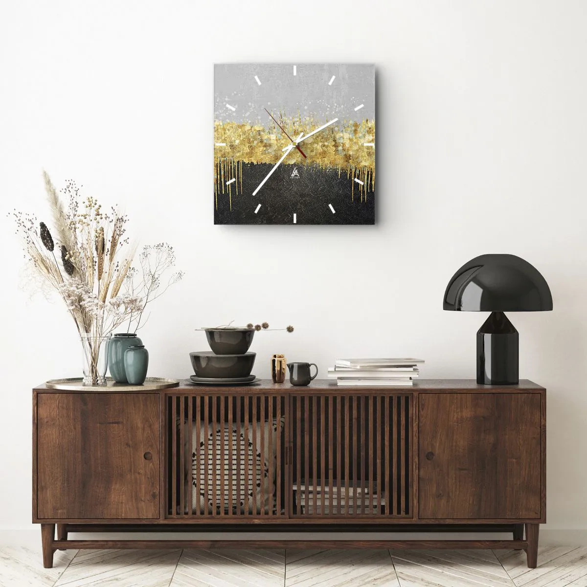 Reloj de pared - Reloj de vidrio - Composición abstracta en tonos dorados y negros. - 30x30cm - Hacia arriba y hacia abajo - Decoración de pared moderna para salón y dormitorio ARTTOR