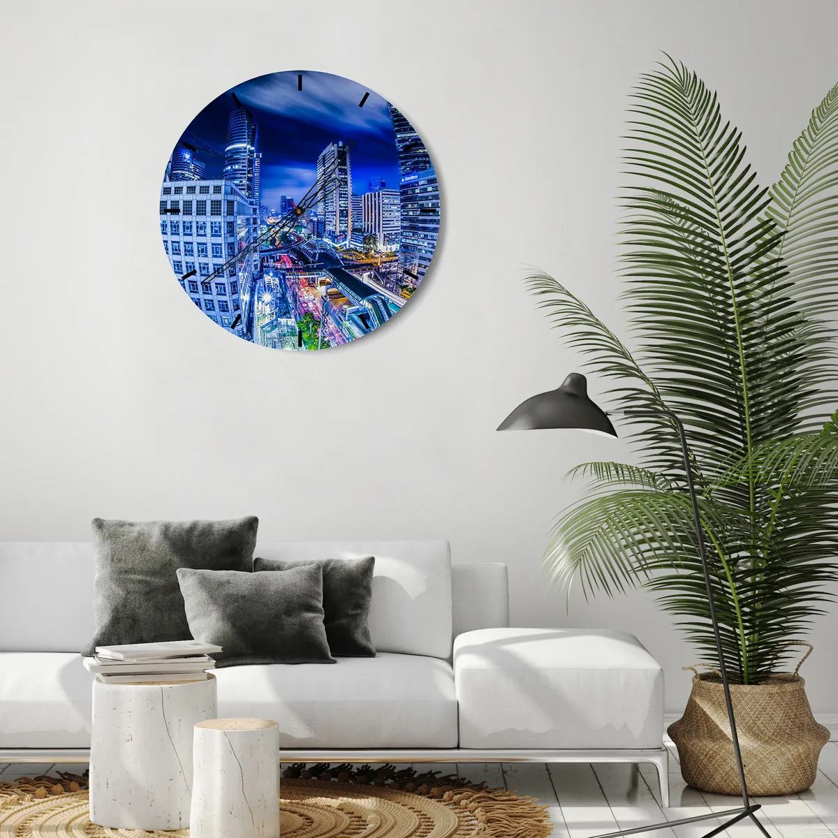 Reloj de pared - Reloj de vidrio - Rascacielos modernos iluminados por la noche - 30x30cm - Ritmos de la ciudad nocturna - Decoración de pared moderna para salón, cocina y dormitorio ARTTOR