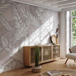 Fotomural Premium Sand - Hojas de plátano en blanco y negro sobre un fondo beige - 100x70cm - Turbulencias de plumas - Decoración de pared moderna para salón y dormitorio ARTTOR