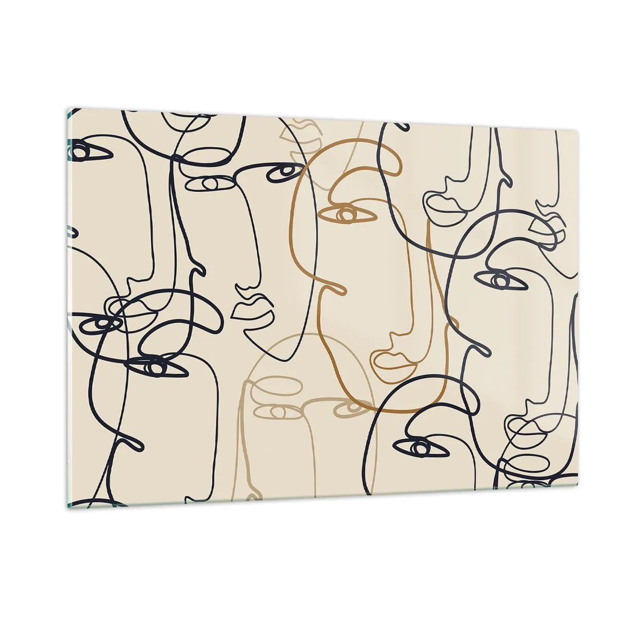 Cuadro sobre vidrio - Impresiones sobre Vidrio - Rostros contorneados dibujados de un solo trazo sobre beige - 120x80cm - Retrato multiplicado - Decoración de pared moderna para salón y dormitorio ARTTOR