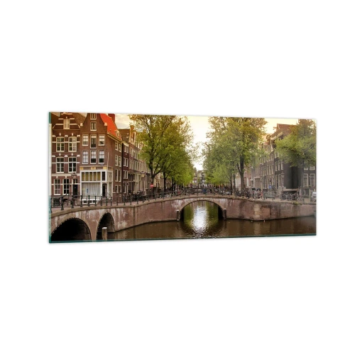 Cuadro sobre vidrio - Impresiones sobre Vidrio - Un canal en Ámsterdam rodeado de casas de vecindad históricas - 120x50cm - ¿En barco o en bicicleta? - Decoración de pared moderna para salón y dormitorio ARTTOR