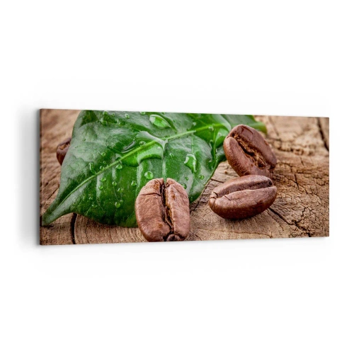 Cuadro sobre lienzo - Impresión de Imagen - Granos de café y hojas verdes sobre un fondo de madera - 120x50cm - El auténtico y negro - Decoración de pared moderna para salón y dormitorio ARTTOR