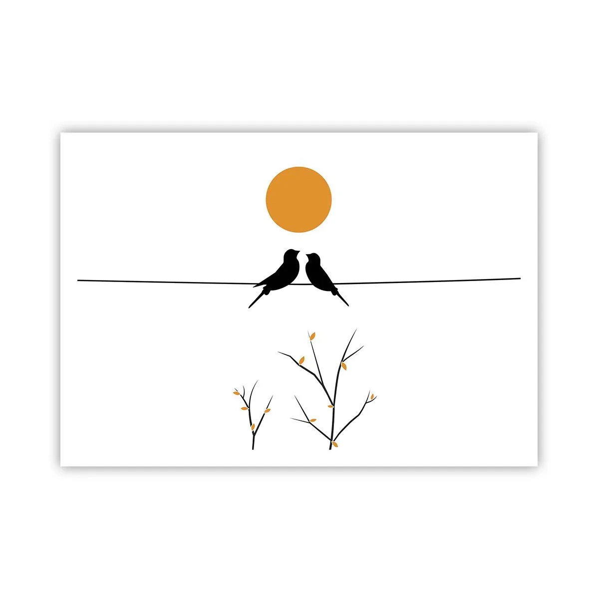 Póster - Pájaros en una línea con un sol amarillo. - 100x70cm - Noche de ruiseñores - Decoración de pared moderna para salón y dormitorio ARTTOR