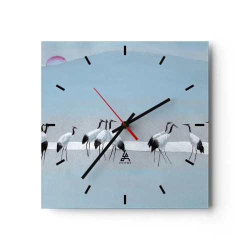 Reloj de pared - Reloj de vidrio - Un grupo de grullas contra un cielo azul y el sol naciente. - 30x30cm - Después de un día caluroso - Decoración de pared moderna para salón y dormitorio ARTTOR