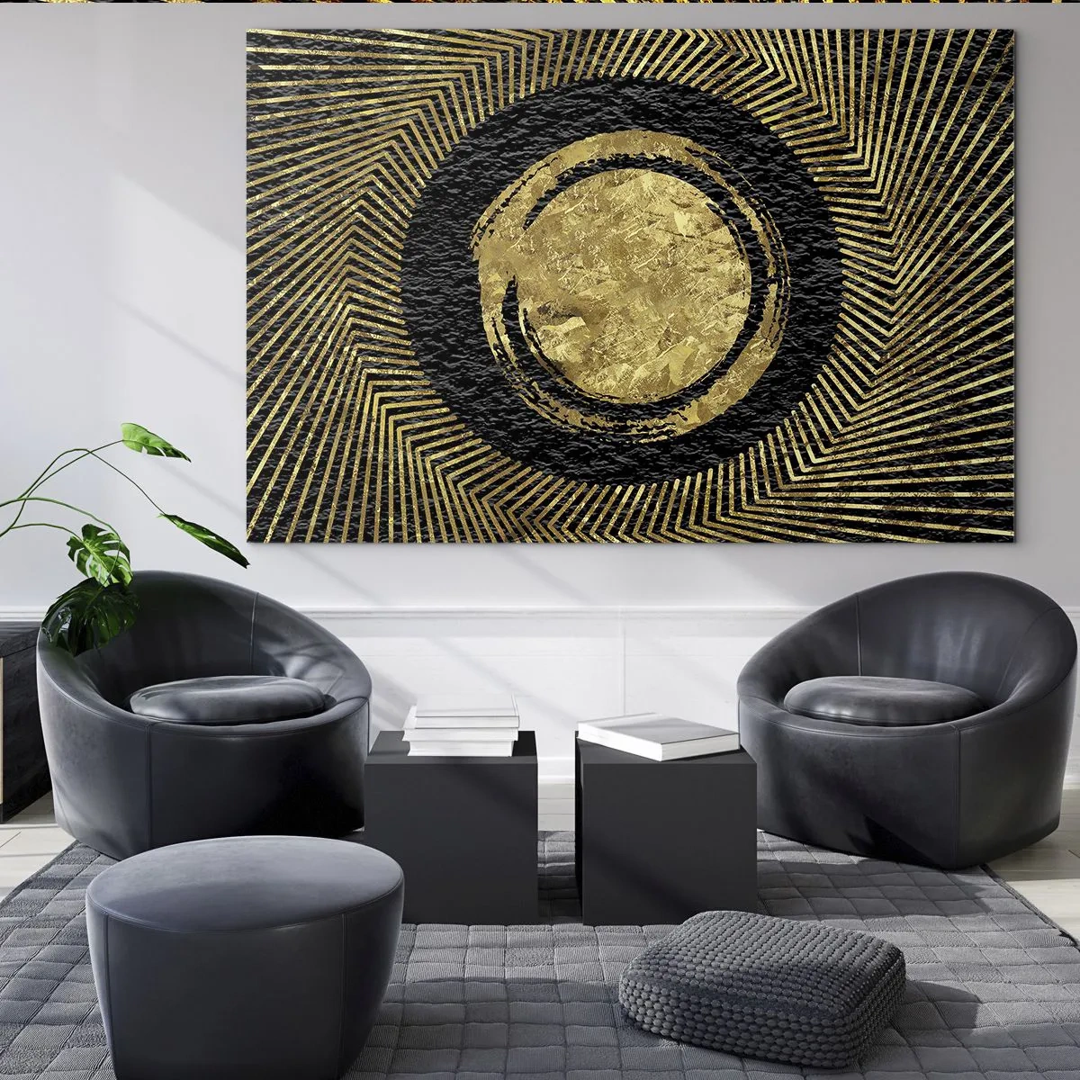 Cuadro sobre vidrio - Impresiones sobre Vidrio - Círculo dorado con rayos sobre fondo negro en un estilo glamoroso. - 120x80cm - Composición glamour - Decoración de pared moderna para salón y dormitorio ARTTOR