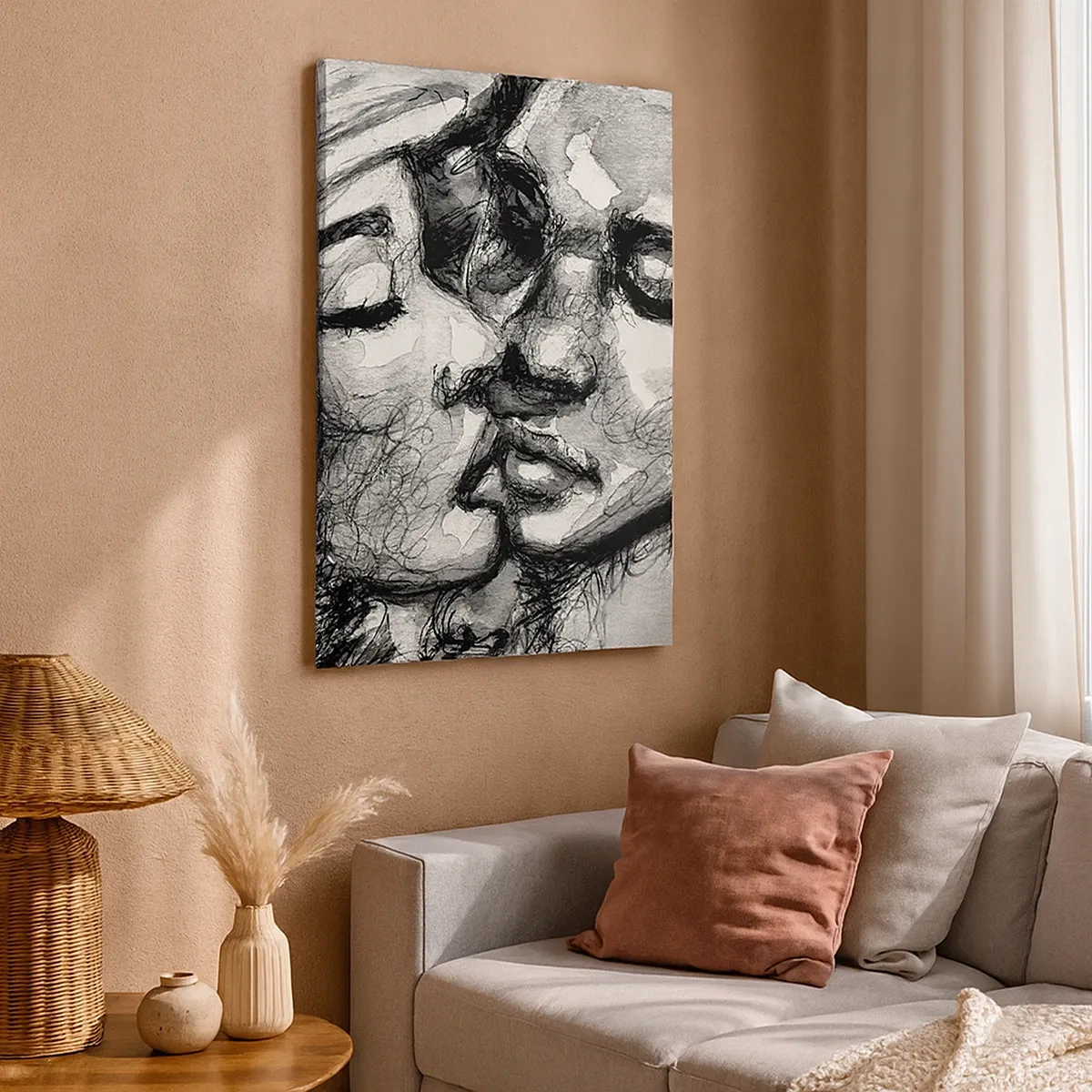 Cuadro sobre lienzo - Impresión de Imagen - Una acuarela en blanco y negro que representa un momento íntimo entre dos personas. - 50x70cm - Un momento tierno - Decoración de pared moderna para salón y dormitorio ARTTOR