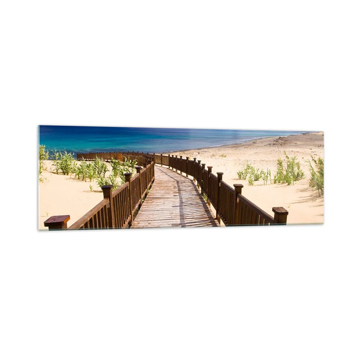 Cuadro sobre vidrio - Impresiones sobre Vidrio - Camino de madera que conduce a la playa con vistas al mar. - 160x50cm - Llévame a la isla de la felicidad - Decoración de pared moderna para salón y dormitorio ARTTOR