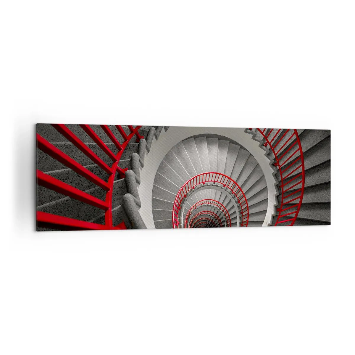 Cuadro sobre lienzo - Impresión de Imagen - Escalera de caracol con pasamanos rojos en perspectiva dinámica. - 160x50cm - Juegos arquitectónicos - Decoración de pared moderna para salón y dormitorio ARTTOR