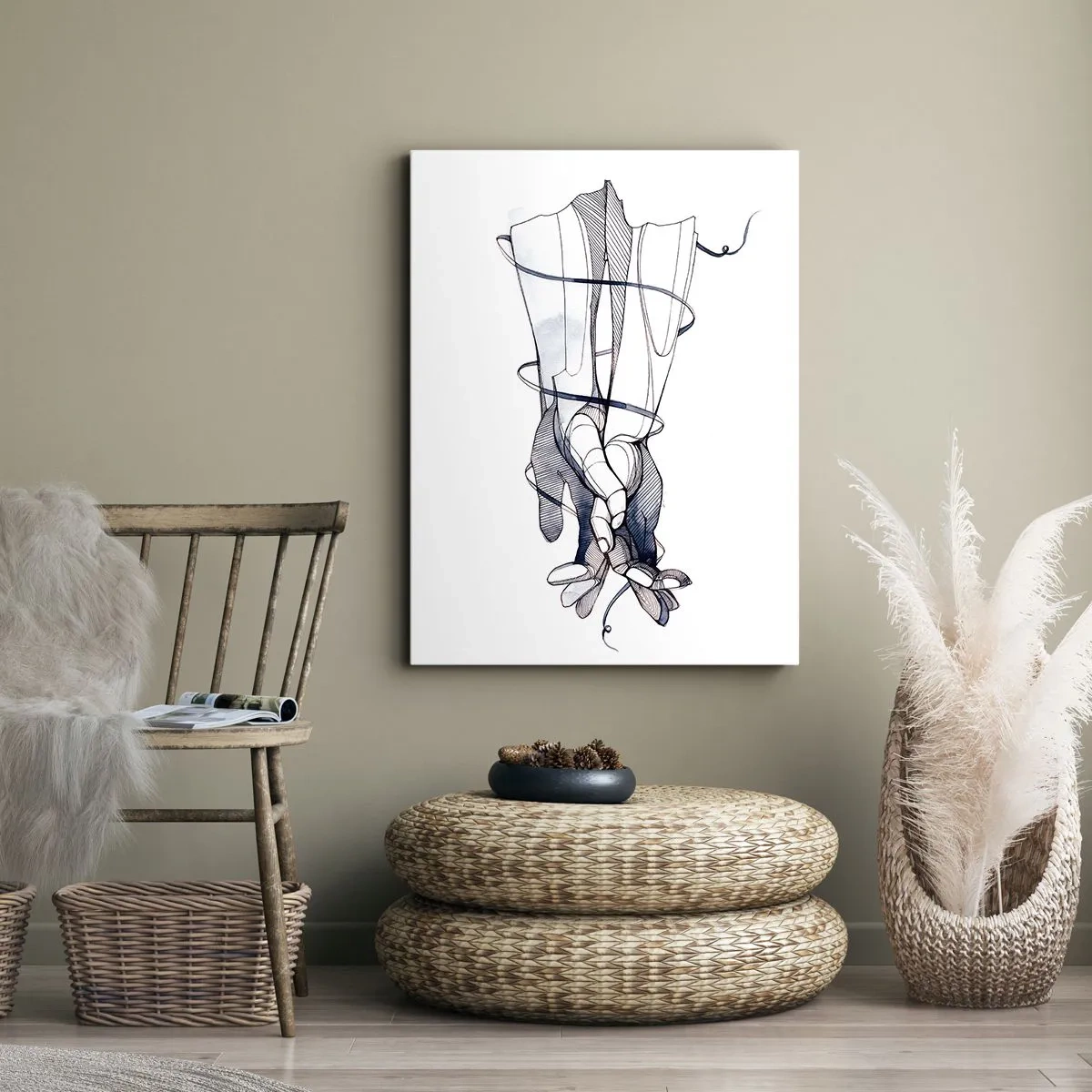 Cuadro sobre lienzo - Impresión de Imagen - Un dibujo sutil de una mano con una delicada flor. - 80x120cm - Un estudio sobre el contacto - Decoración de pared moderna para salón y dormitorio ARTTOR