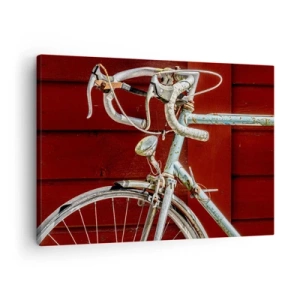Cuadro sobre lienzo - Impresión de Imagen - Una bicicleta vintage contra una pared de madera roja. - 70x50cm - Creada para las victorias - Decoración de pared moderna para salón y dormitorio ARTTOR