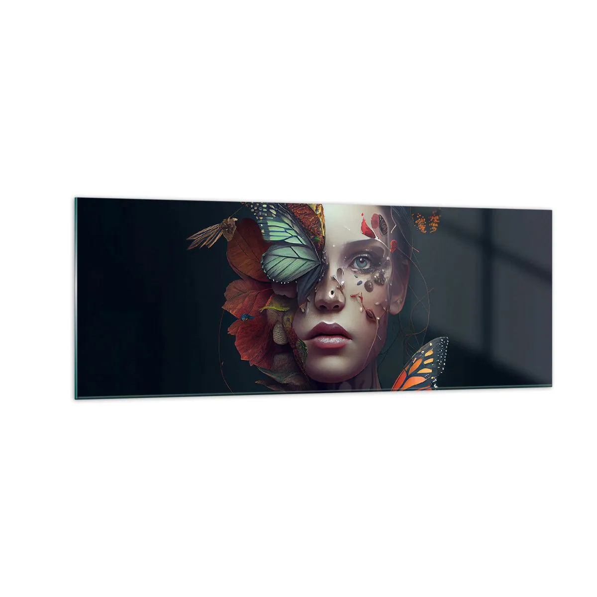 Cuadro sobre vidrio - Impresiones sobre Vidrio - Retrato de una mujer con mariposas y elementos vegetales. - 140x50cm - Una metamorfosis maravillosa - Decoración de pared moderna para salón y dormitorio ARTTOR