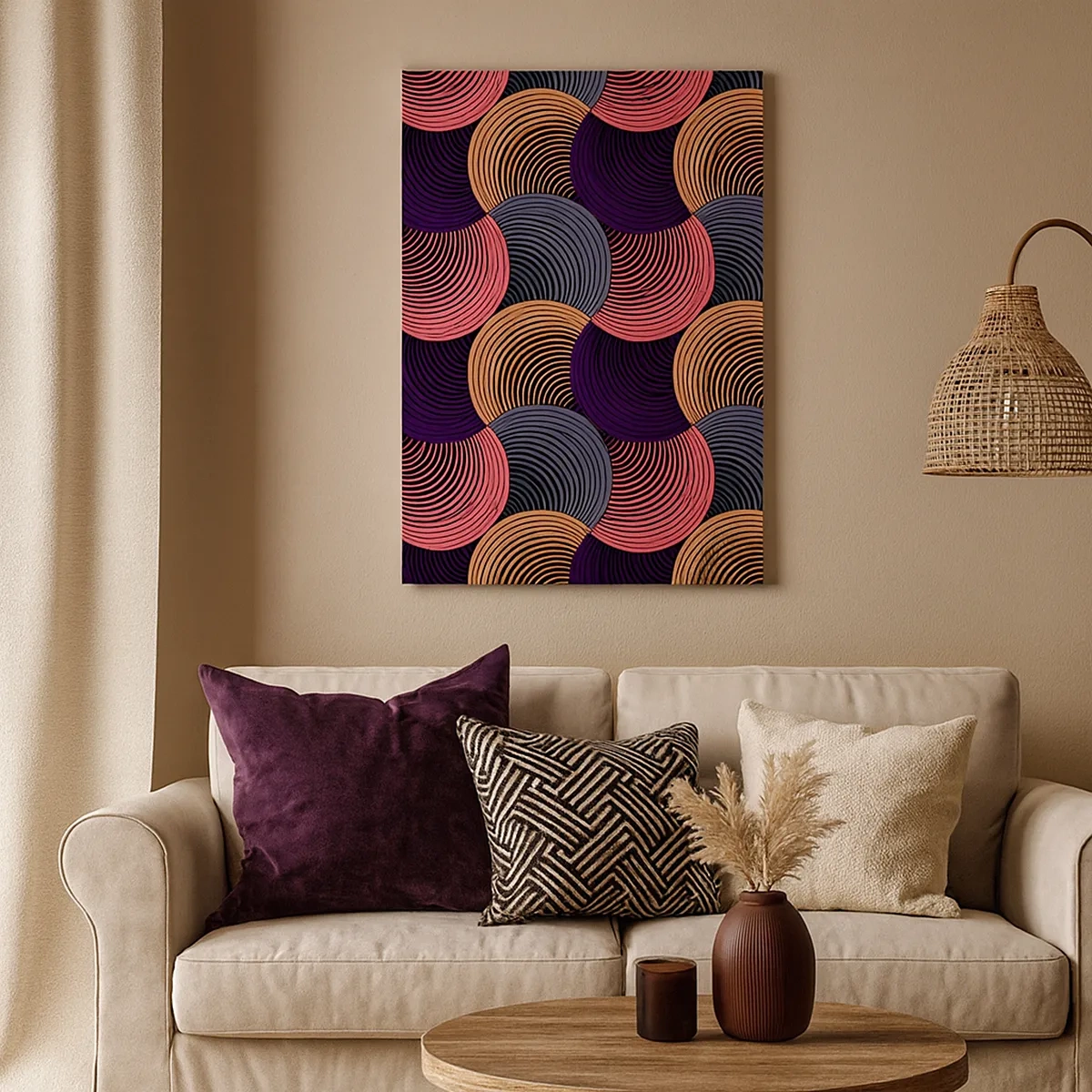 Cuadro sobre lienzo - Impresión de Imagen - Círculos geométricos en tonos rosa, morado y dorado. - 50x70cm - En un ritmo circular - Decoración de pared moderna para salón y dormitorio ARTTOR