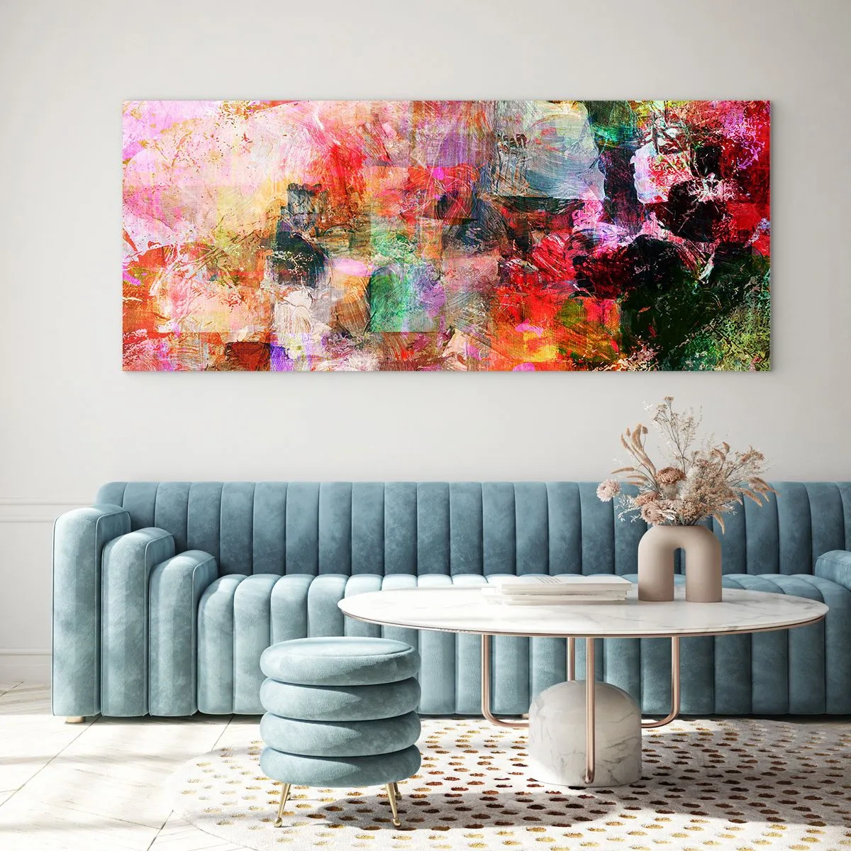 Cuadro sobre vidrio - Impresiones sobre Vidrio - Una composición abstracta con tonos dominantes de rosa y rojo. - 140x50cm - Un viaje a través del rosa - Decoración de pared moderna para salón y dormitorio ARTTOR