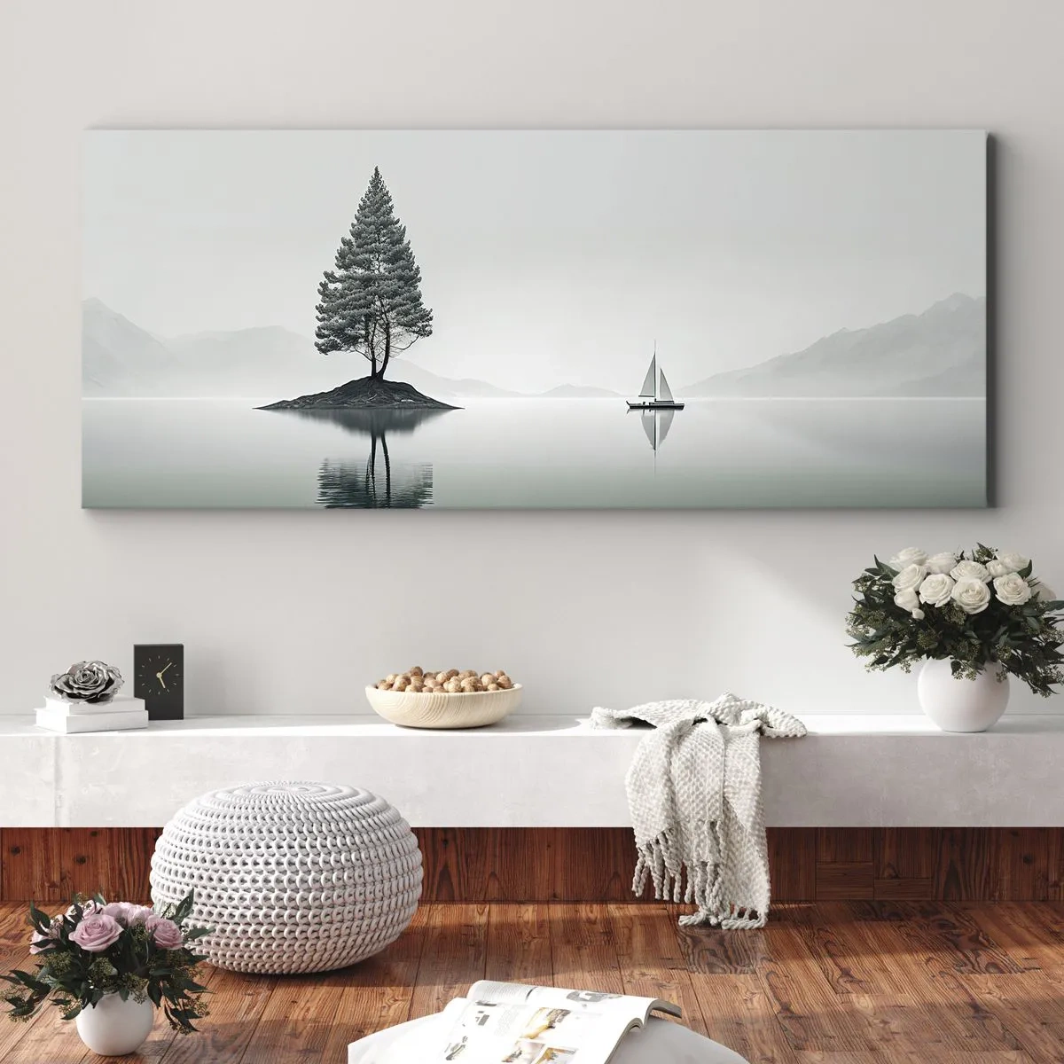 Cuadro sobre lienzo - Impresión de Imagen - Un paisaje minimalista con un árbol en una isla y un velero. - 120x50cm - Un sueño hecho realidad - Decoración de pared moderna para salón y dormitorio ARTTOR