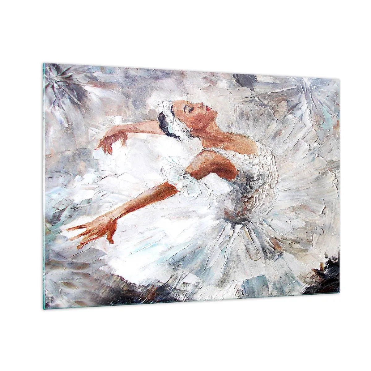 Cuadro sobre vidrio - Impresiones sobre Vidrio - Una bailarina con un traje blanco en una pose dinámica. - 100x70cm - Suave y ligera - Decoración de pared moderna para salón y dormitorio ARTTOR