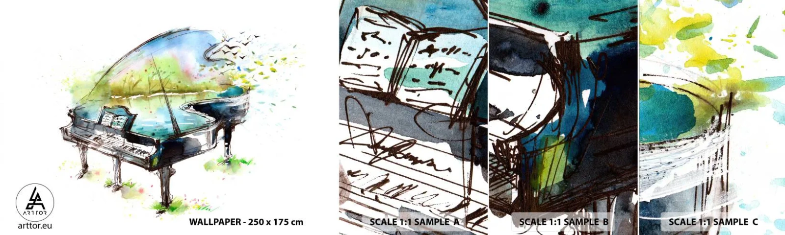 Muestra de fotomural autoadhesivo Deluxe Sticker - Encantado con la música - Piano, Abstracción, Música - 100x30 cm